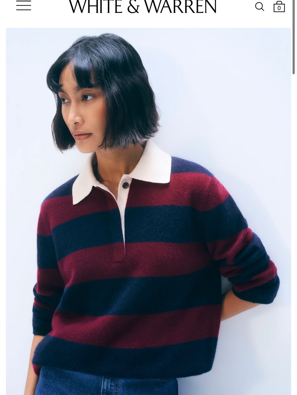 New White + Warren Striped rugby Polo Sweater 100% cashmere $495 S